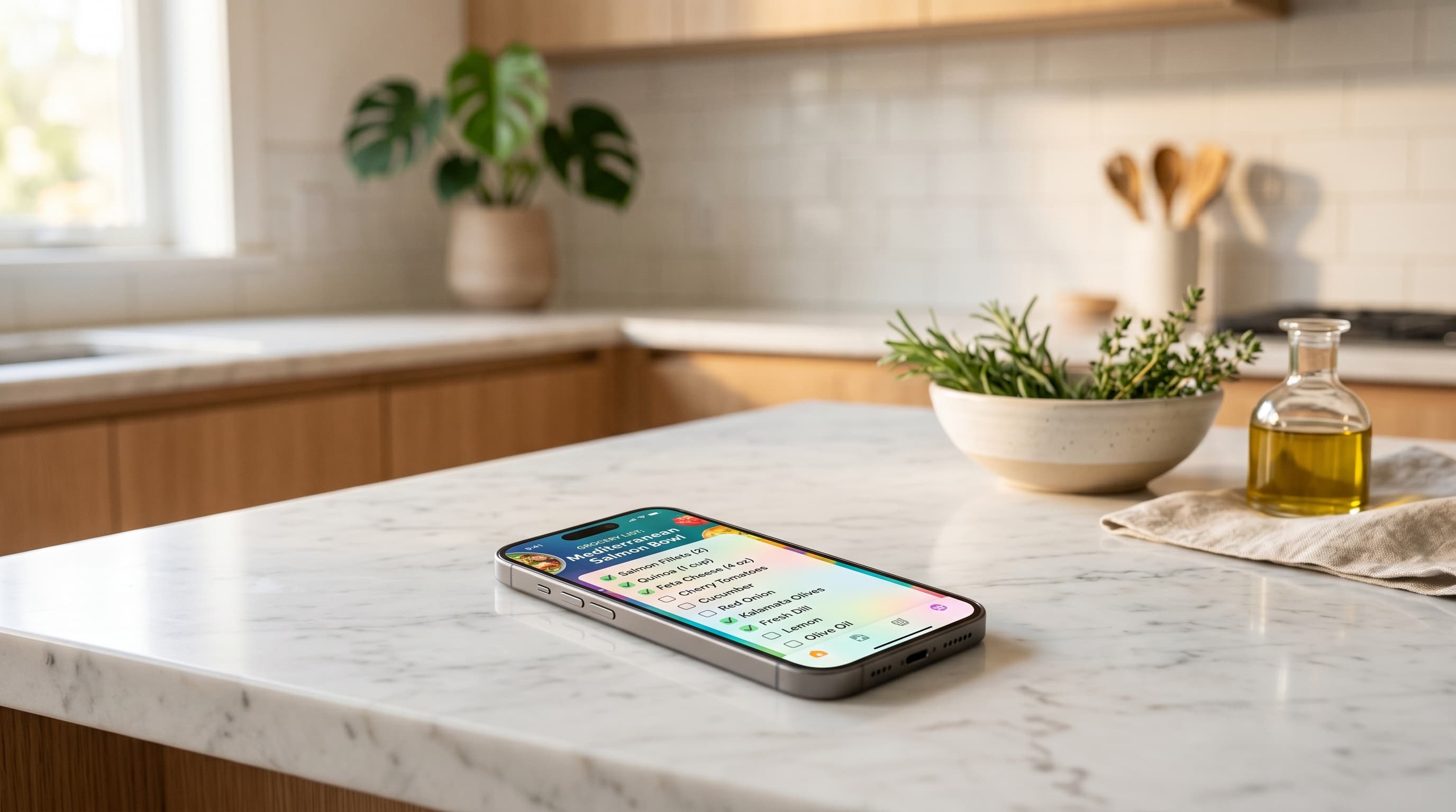 Smartphone showing Recipe Manager app on a kitchen counter