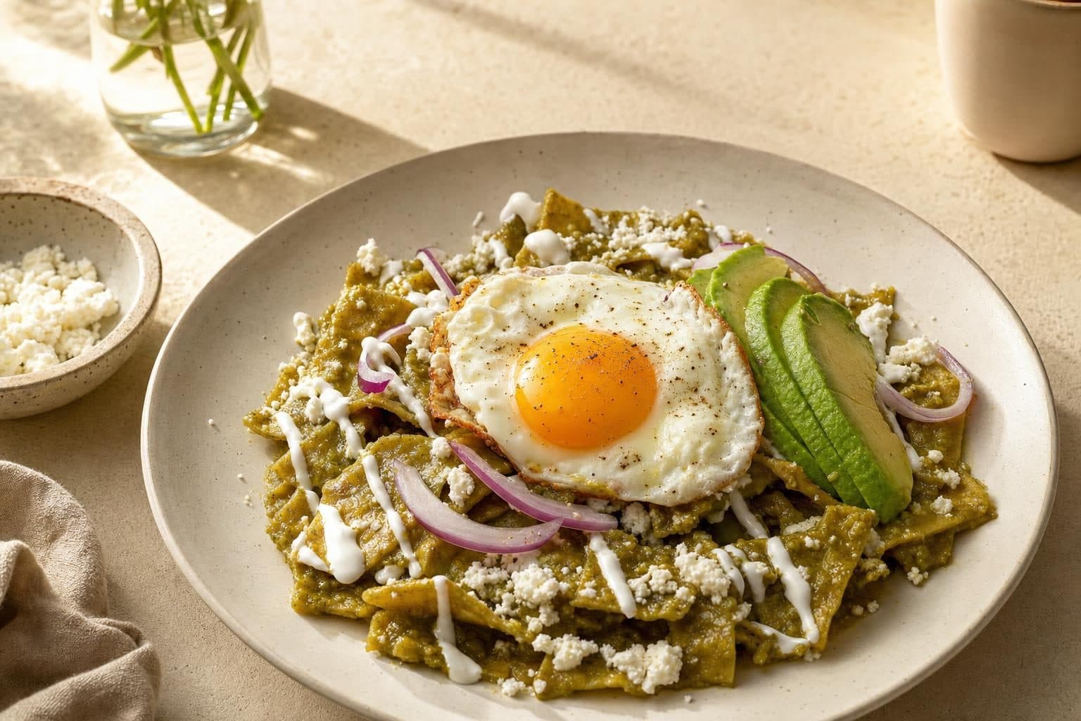 Green chilaquiles with cream and egg