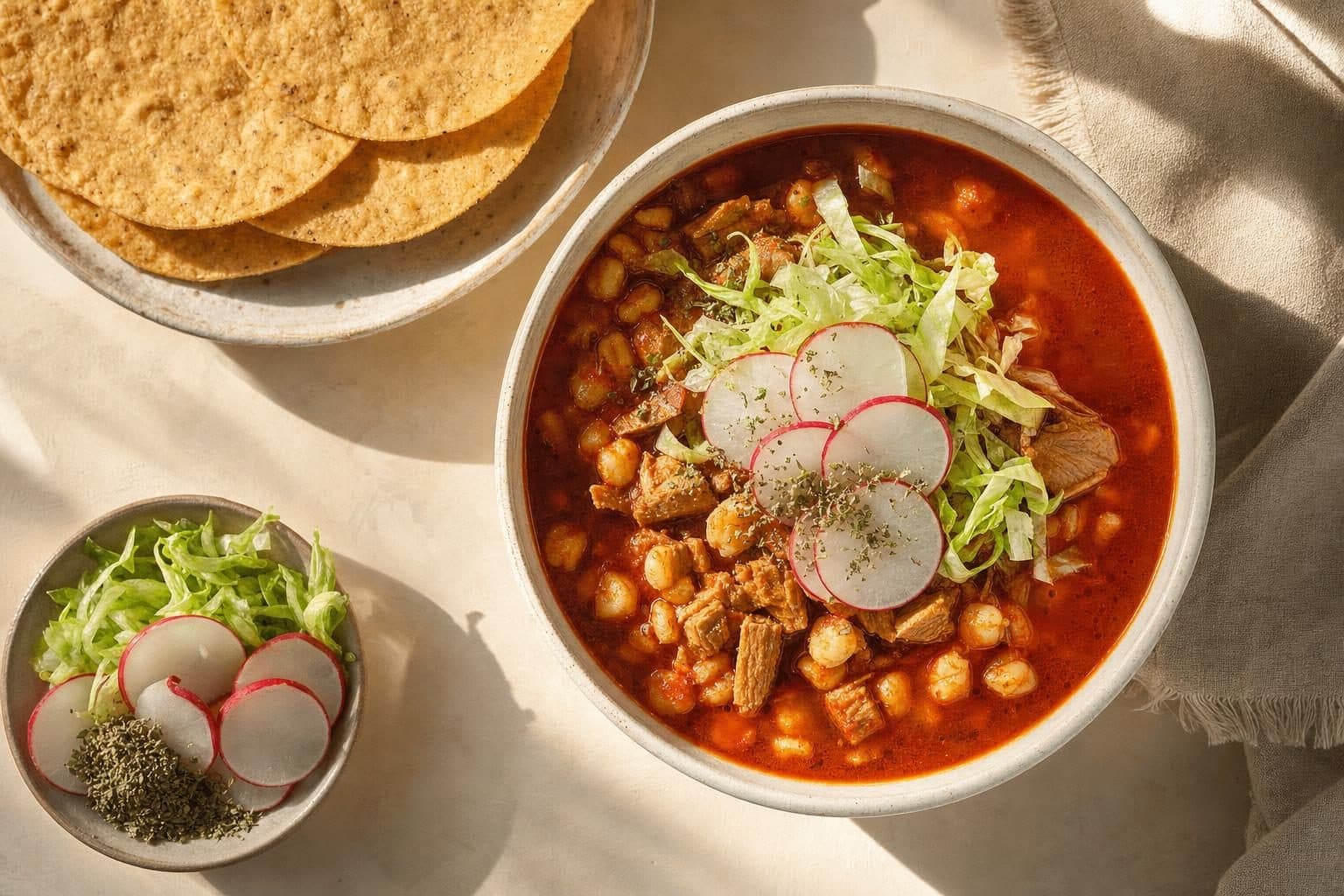 Red pozole with radishes and tostadas